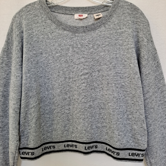 Levi's Gray Heathered Logo Trimmed Cropped Crop Crew Neck Sweatshirt szM - Picture 3 of 7